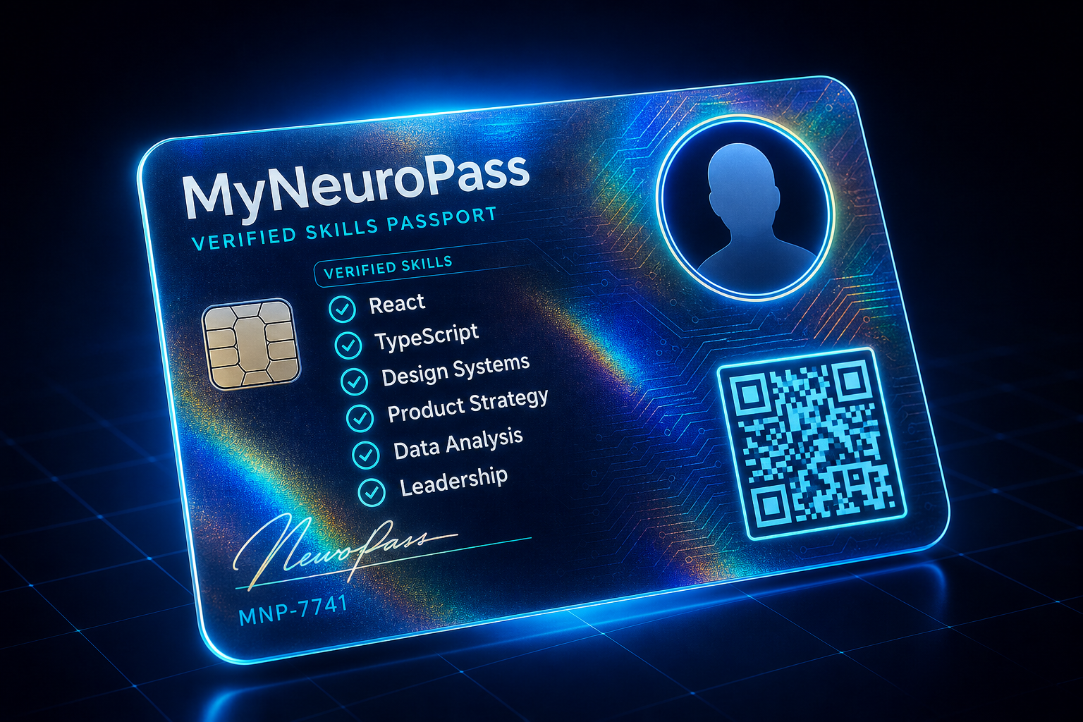 MyNeuroPass holographic Skills Passport with verified skills and global talent network