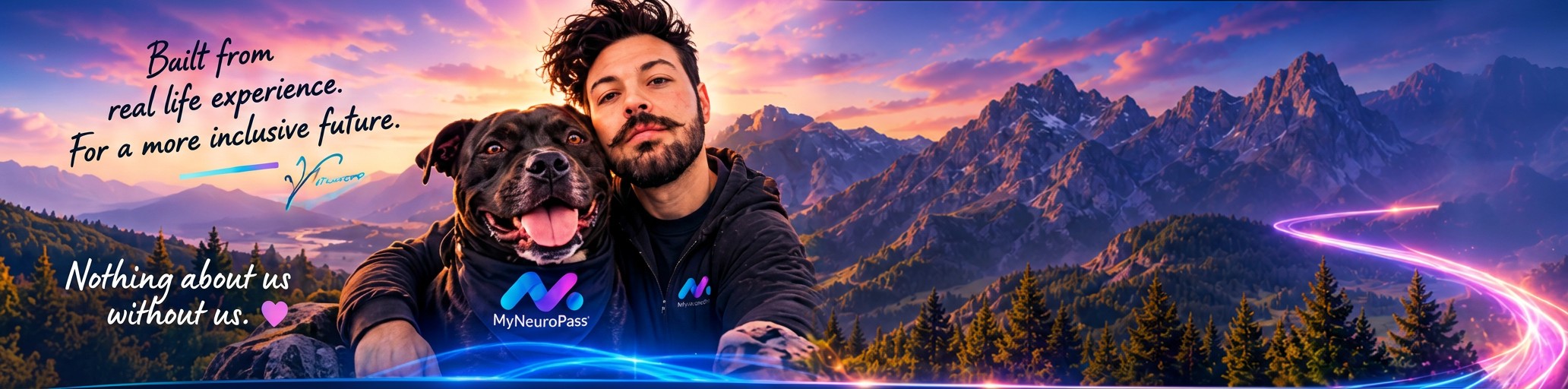 Jay Gilbert with his dog, both wearing MyNeuroPass clothing, in front of a mountain sunrise. Handwritten words read “Built from real life experience. For a more inclusive future.” with a signature, and “Nothing about us without us.” beside a pink heart.