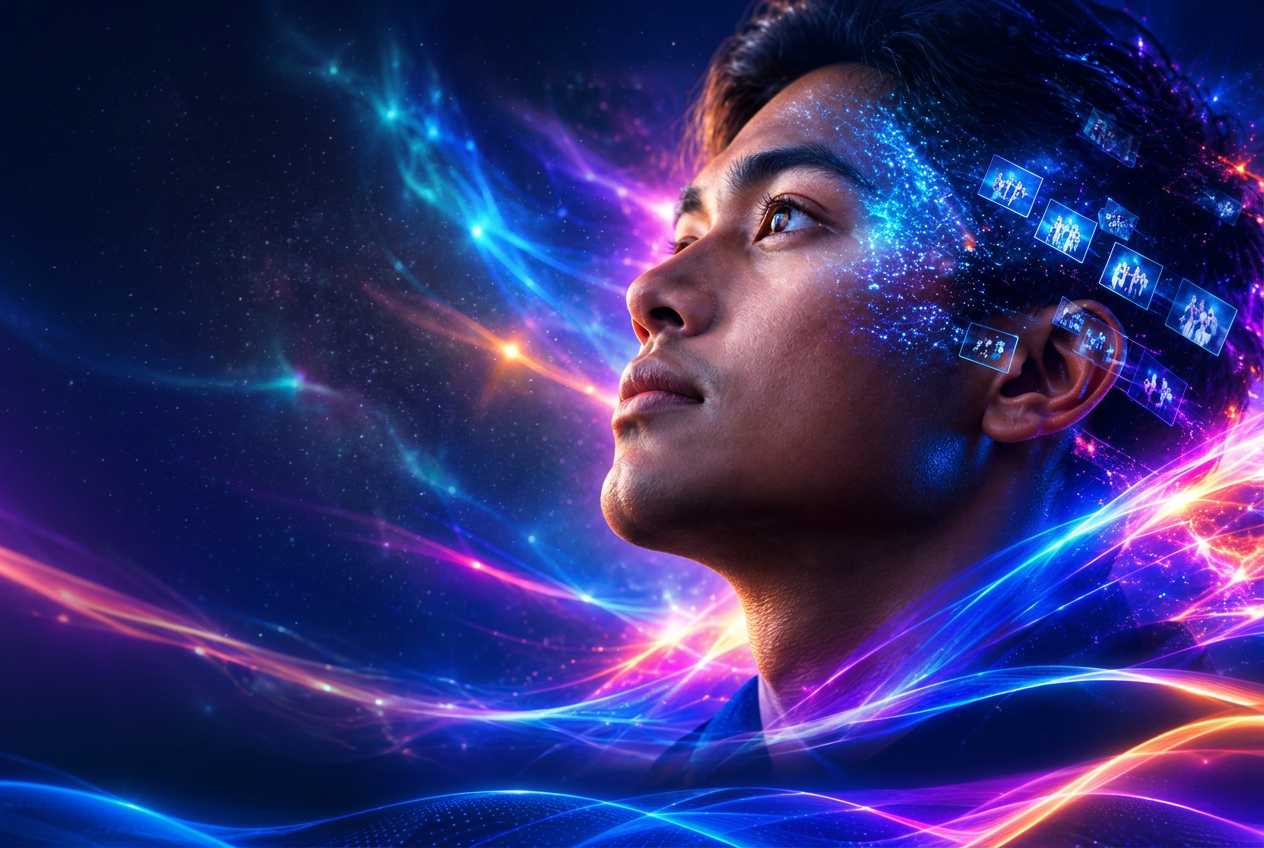 A person looking upward, surrounded by glowing light and floating images
