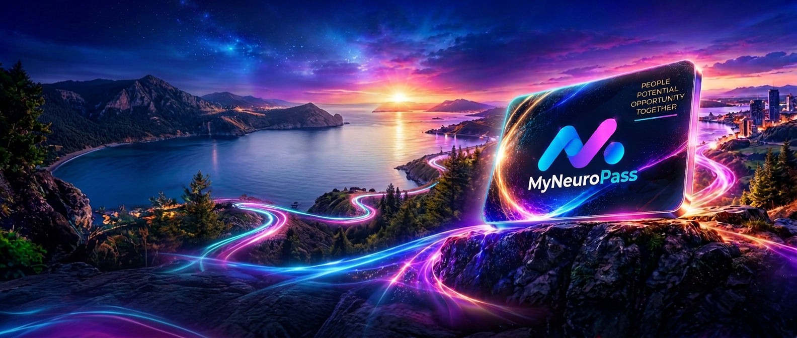 A glowing MyNeuroPass card with the MyNeuroPass logo and the words People, Potential, Opportunity, Together, resting on a rock above a bay at sunset, with a city skyline in the distance